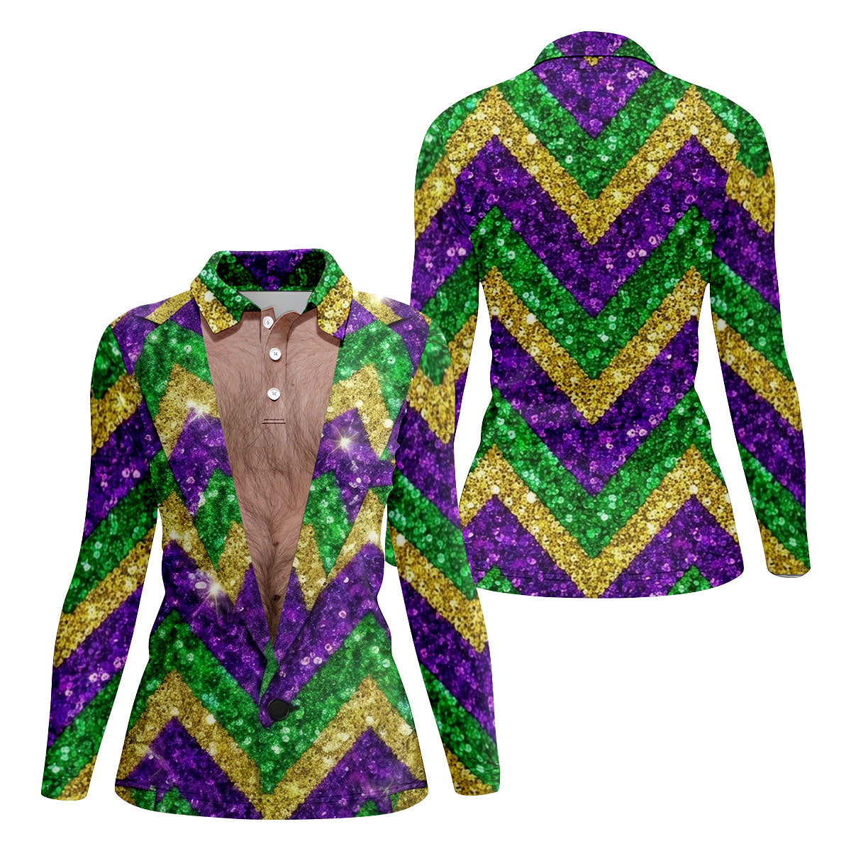 Mardi Gras Purple Green Gold Printed Sequin Zigzag Pattern Women's Golf Tops, Fun Women's Golf Shirts