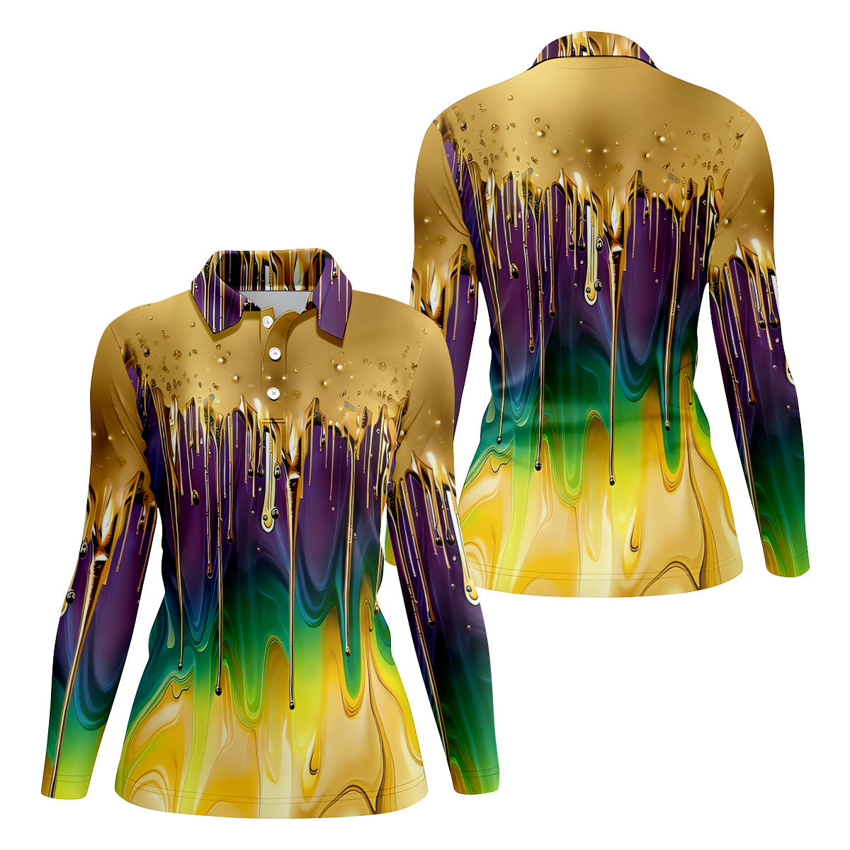 Purple Green Gold Dripping Effect Mardi Gras Golf Shirt, Women's Golf Shirts, Ladies Golf Polos