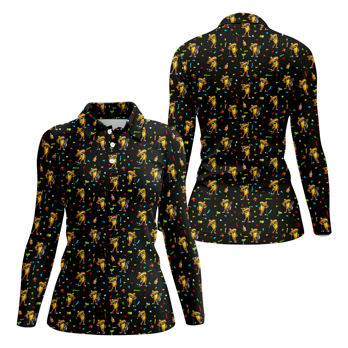Fairway Fiesta Taco Margarita Mexico Theme Black Golf Shirt, Women Golf Shirts, Ladies Golf Shirt