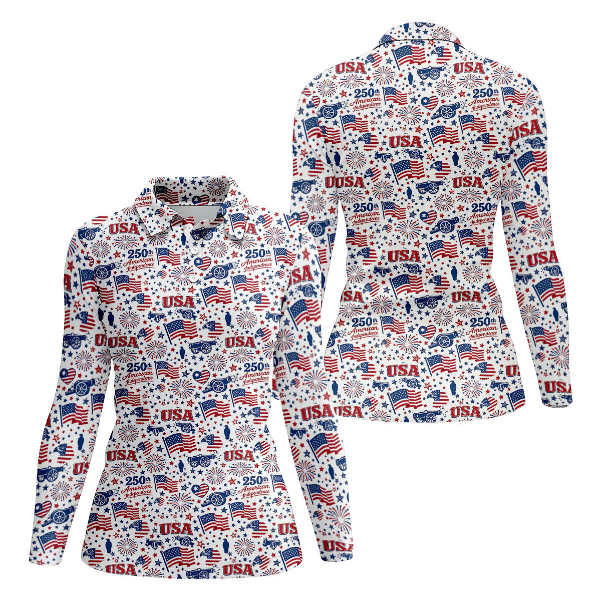 250th American Independence Red White Blue Ladies Golf Tops, Patriotic 4th Of July Golf Shirt For Women
