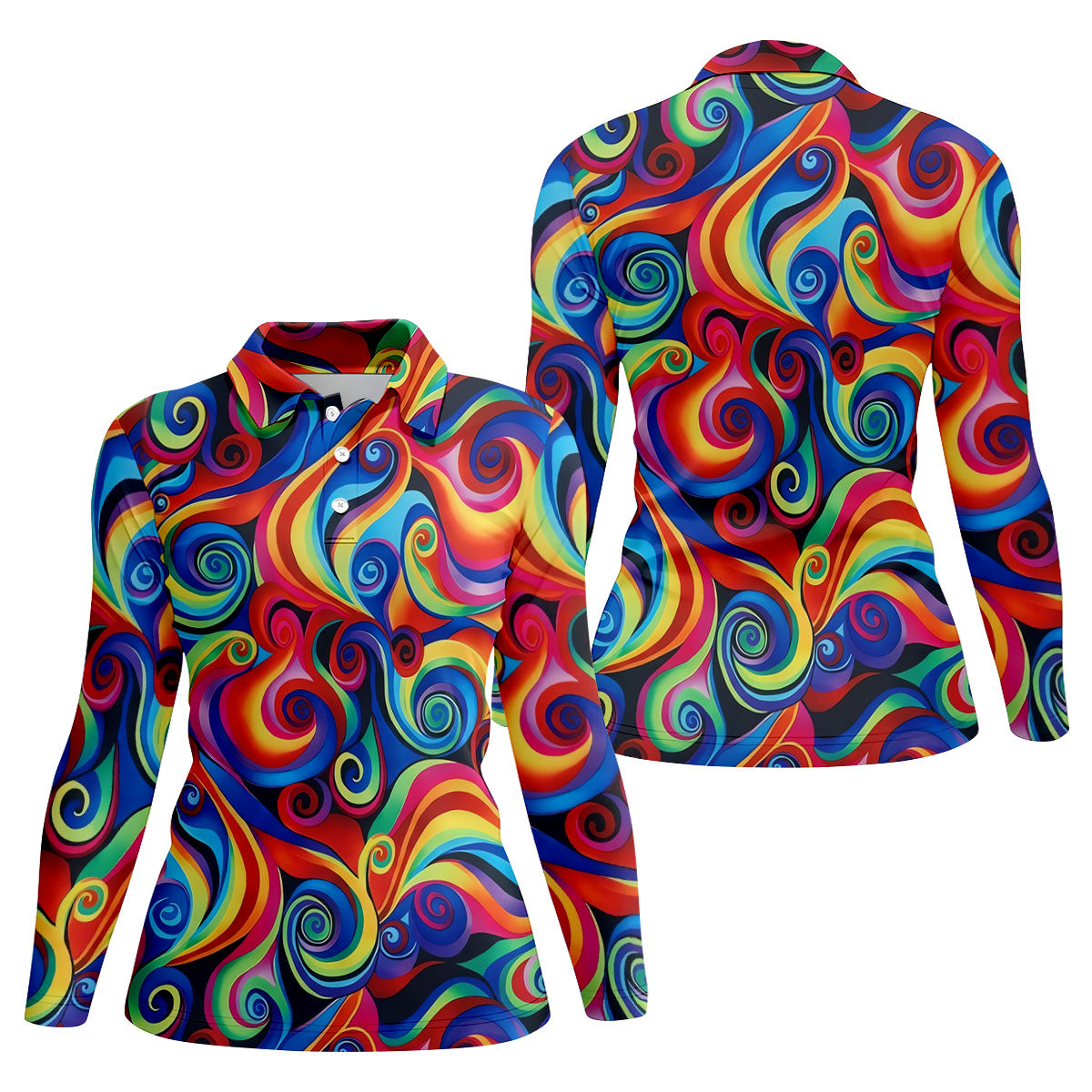 Colorful Rainbow Swirl Abstract Golf Shirt, Ladies Golf Shirts, Women’s Golf Apparel, Performance Golf Shirt