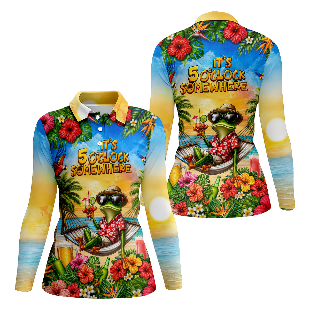 Funny Tropical Frog Drinking Hawaiian Golf Shirt, Golf Polo For Women, Printed Golf Shirt