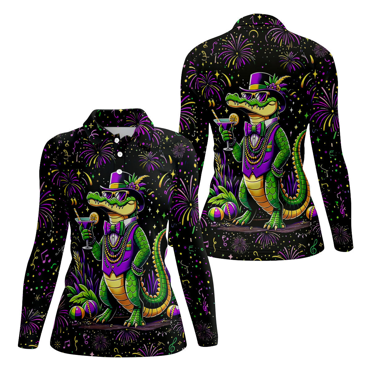 Mardi Gras Aligator Purple Green Gold Confetti Star Women's Golf Shirts, Women's Golf Tops, Ladies Golf Shirts