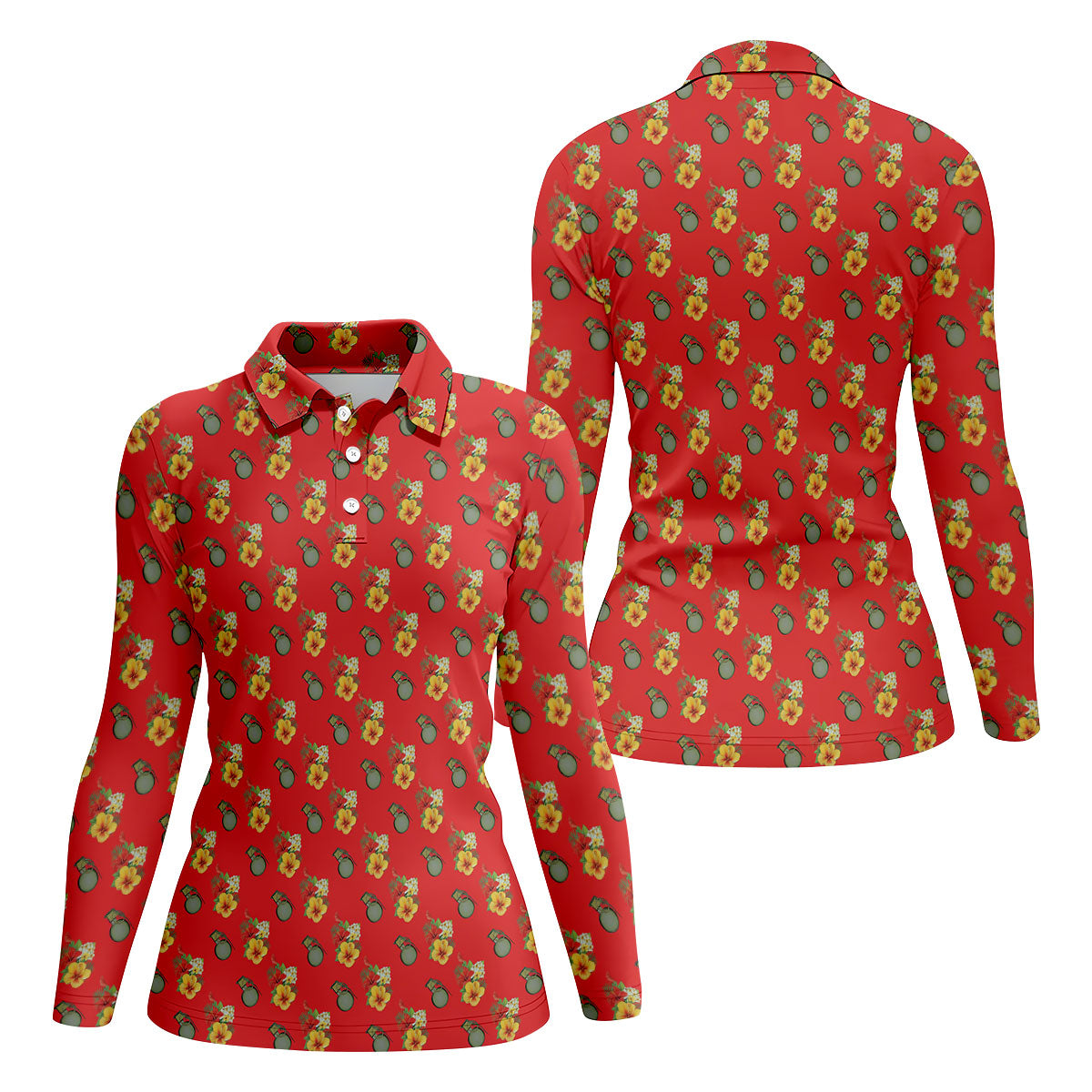 Hibiscus Flowers Green Grenades Seamless Pattern Red Golf Shirt, Women's Golf Tops, Ladies Golf Shirt