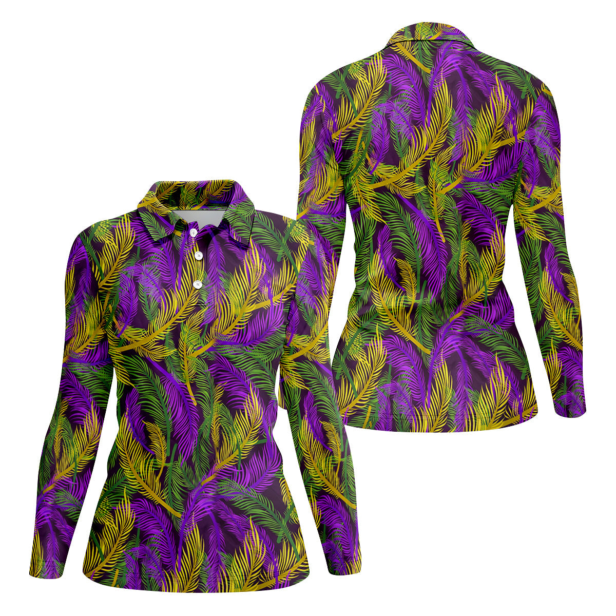 Purple Green Gold Feather Pattern Mardi Gras Golf Shirt, Golf Shirt For Women, Ladies Golf Polos