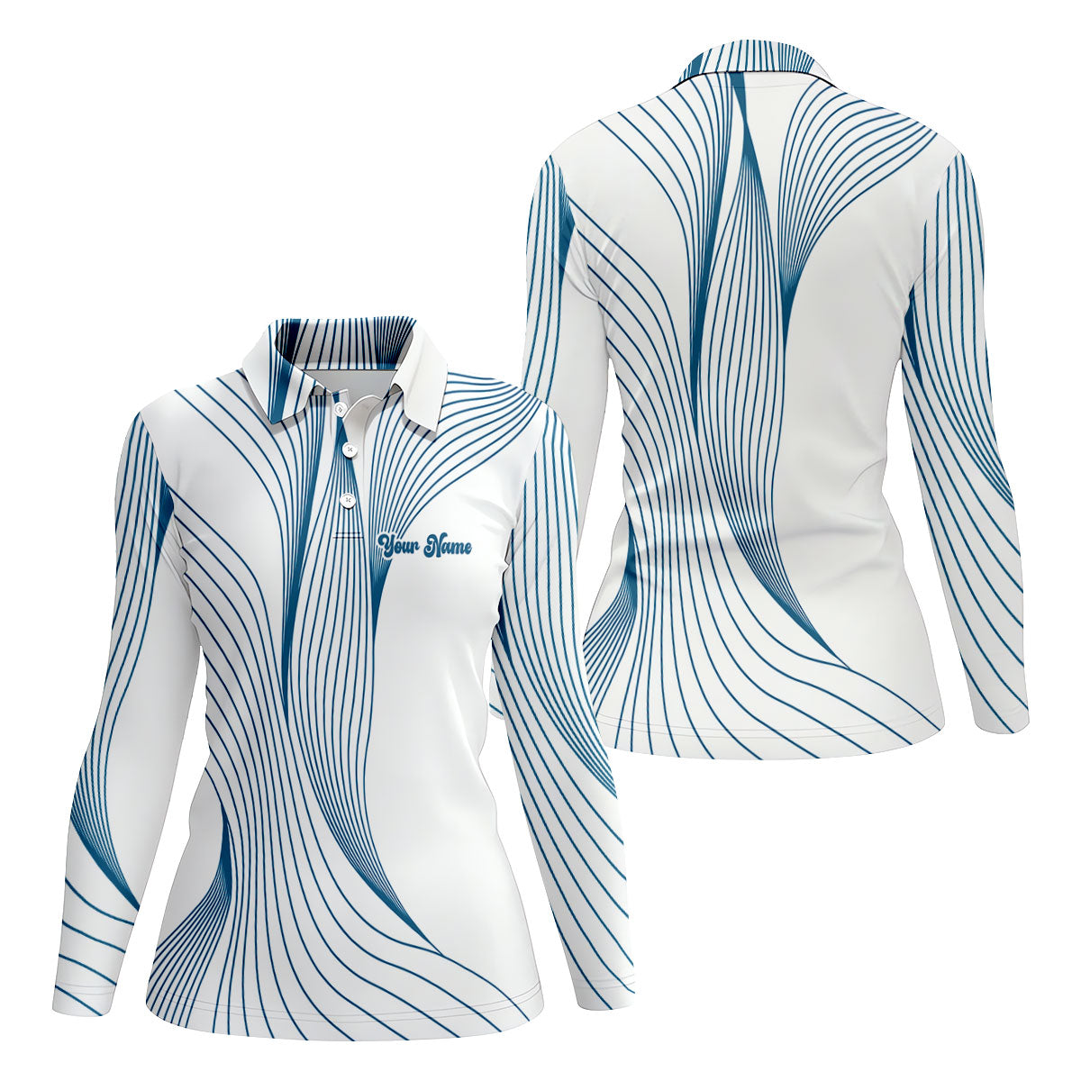 Geometric Line Wavy Line Blue And White Custom Name Women's Golf Tops, Ladies Golf Shirts, Women's Polo Shirt
