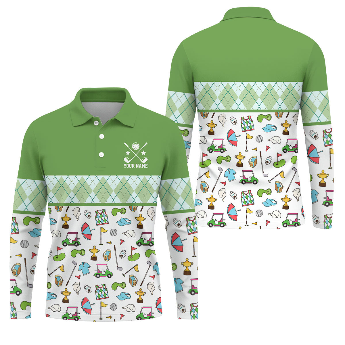 Custom Name Green Argyle Golf Icons Pattern Golf Shirt, Mens Golf Polo, Golf Shirts For Men, Printed Golf Shirts