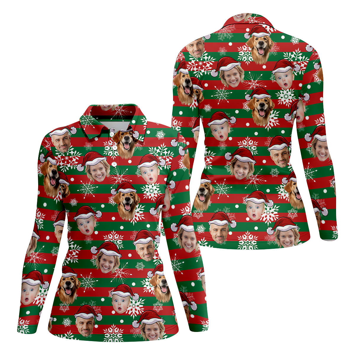 Custom Face Red Green Stripe Christmas Women's Golf Tops, Ladies Golf Shirts, Christmas Golf Gift