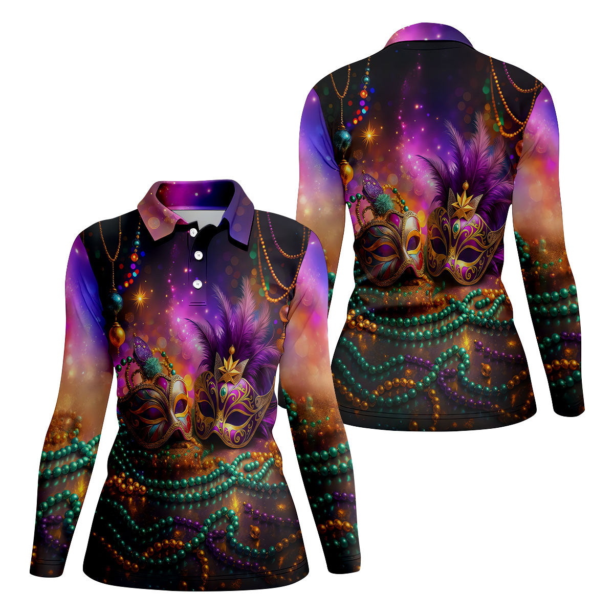 Carnival Mask Beads Chain Bokeh Effect Mardi Gras Golf Shirt, Women's Golf Tops, Ladies Golf Polos