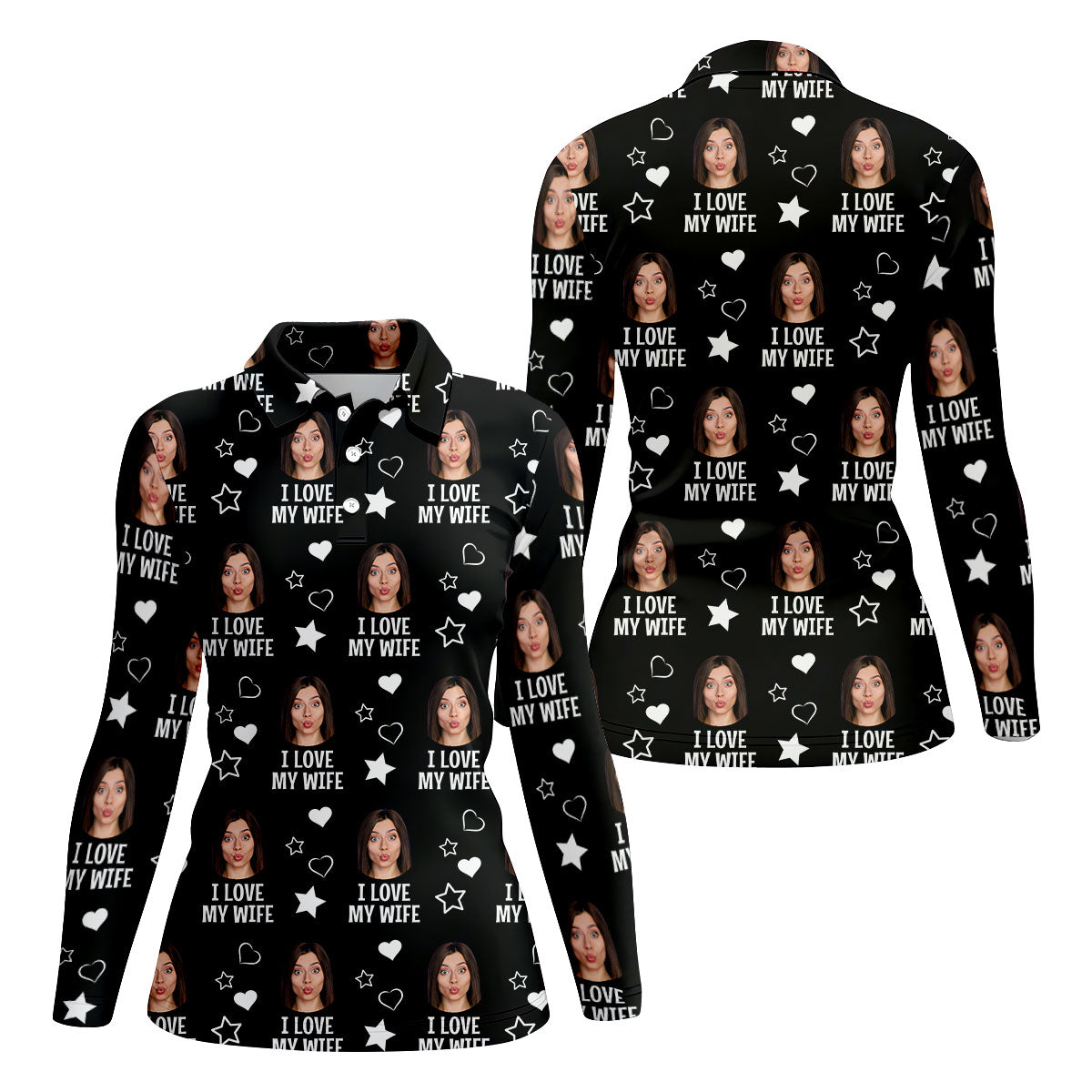 I Love My Husband Custom Face Black Golf Shirt, Fun Women's Golf Shirts, Valentines Golf Gift, Ladies Golf Shirts