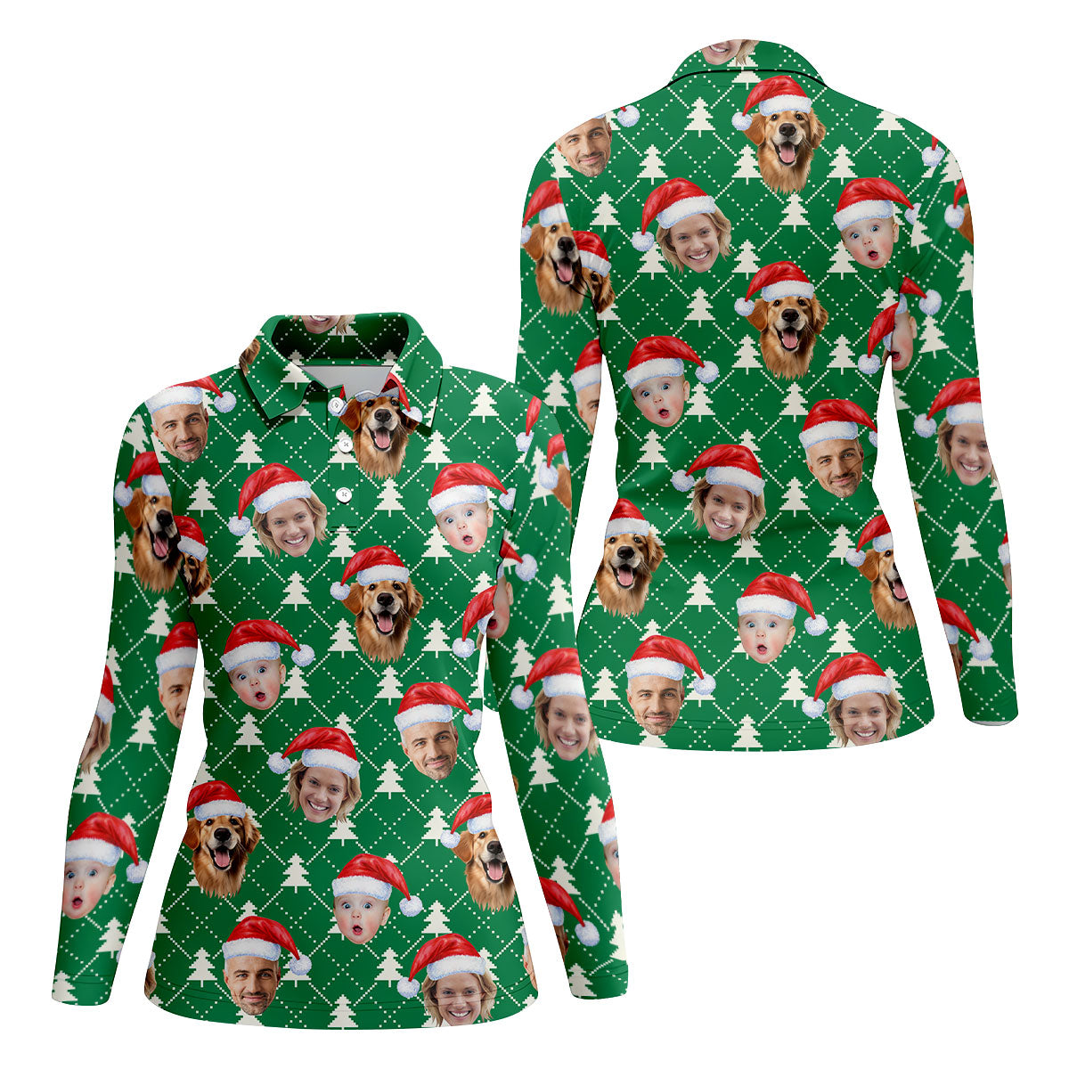 Custom Face Snow Pine Tree White Dotted Christmas Golf Shirt, Ladies Golf Shirts, Golf Gifts For Women