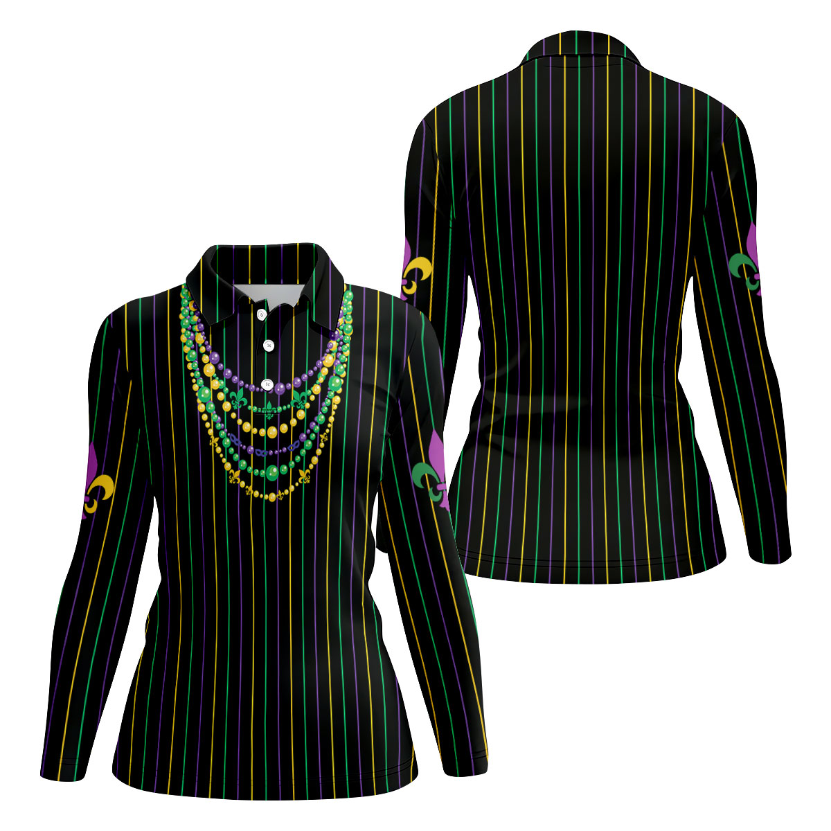 Mardi Gras Beads Necklaces Print Black Golf Shirt, Women's Golf Shirts, Ladies Golf Polos, Golf Shirt For Women
