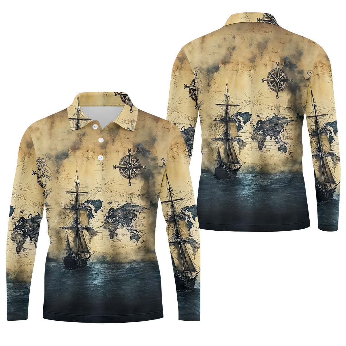 Vintage Ship Map Compass Ocean Golf Shirt, Hawaiian Golf Shirt, Mens Golf Shirts