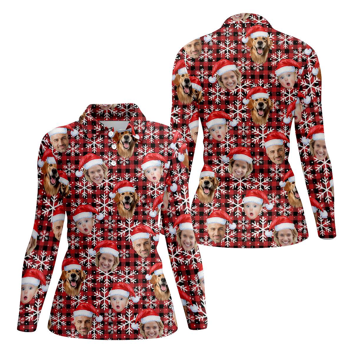 Custom Face Red And Black Checkered, Christmas Golf Shirt, Women's Golf Tops, Golf Gift For Ladies
