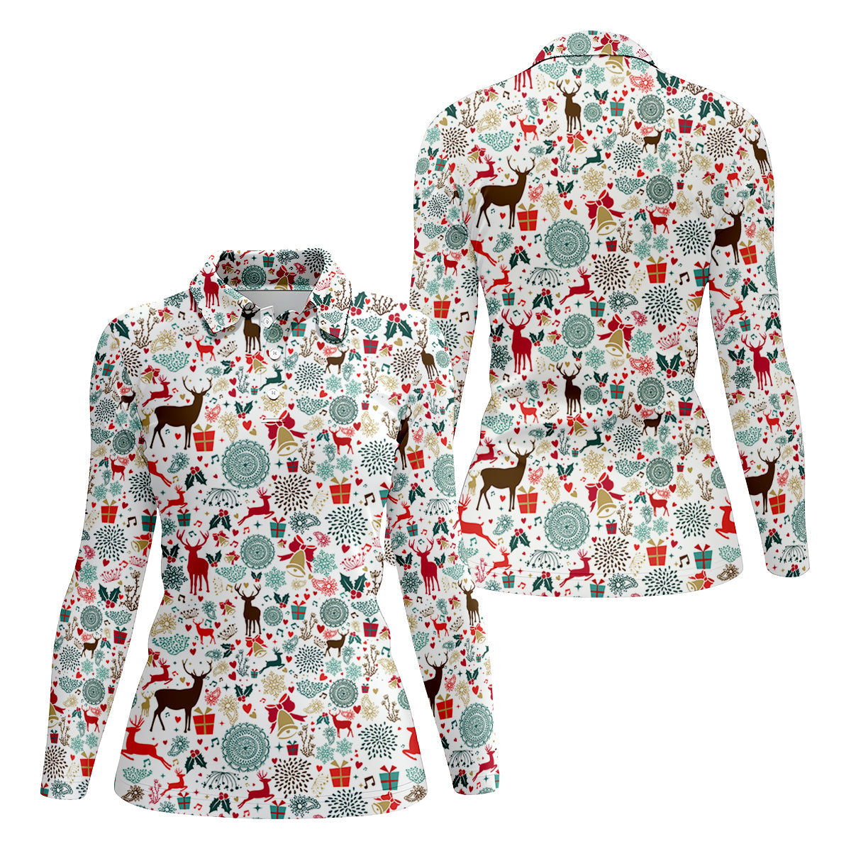 Vintage Reindeer White Christmas Golf Tops For Women, Gift Christmas Golf Shirt Polos, Ladies Golf Apparel