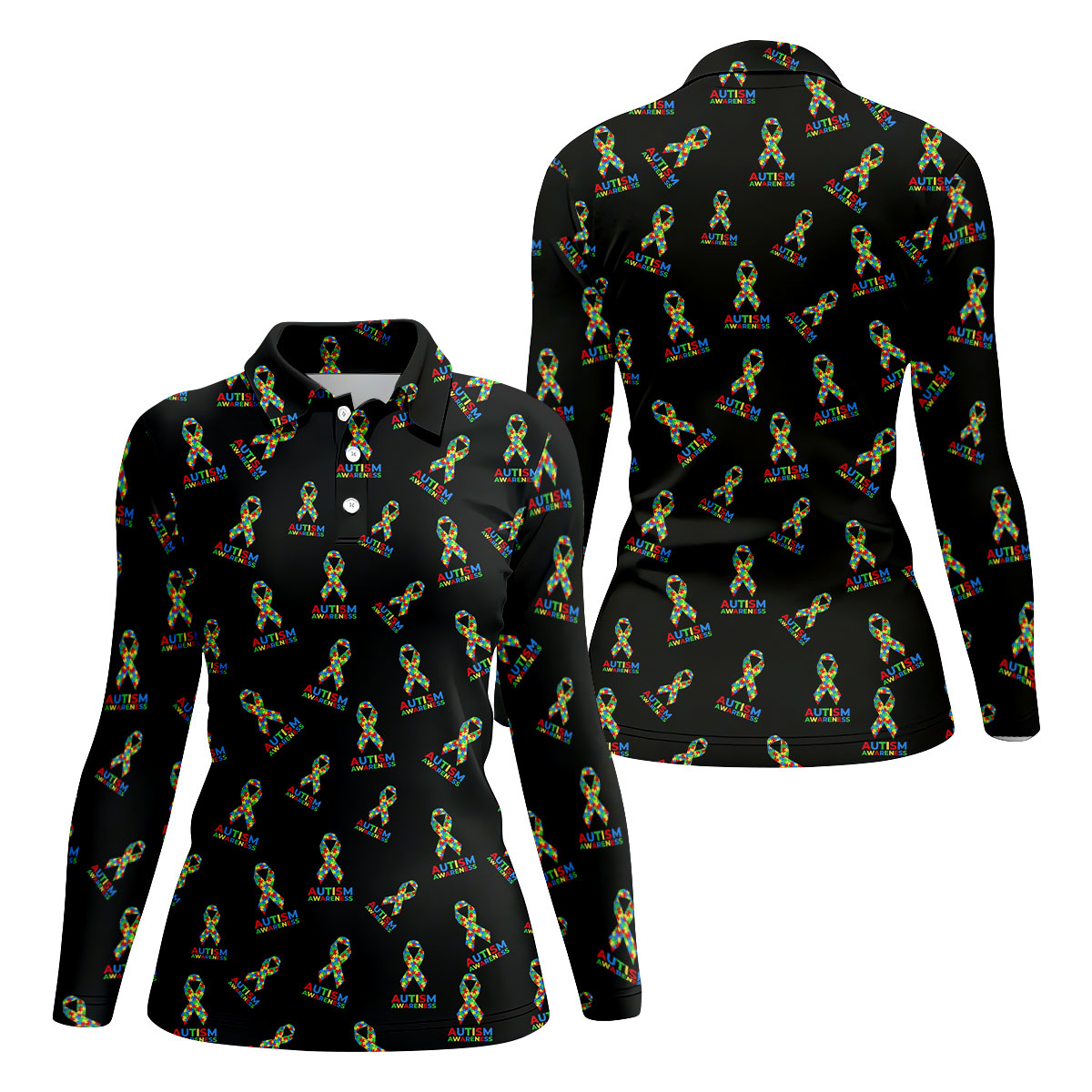 Autism Awareness Colors Autism Ribbon Black Golf Shirt, Women's Golf Tops, Ladies Golf Polos