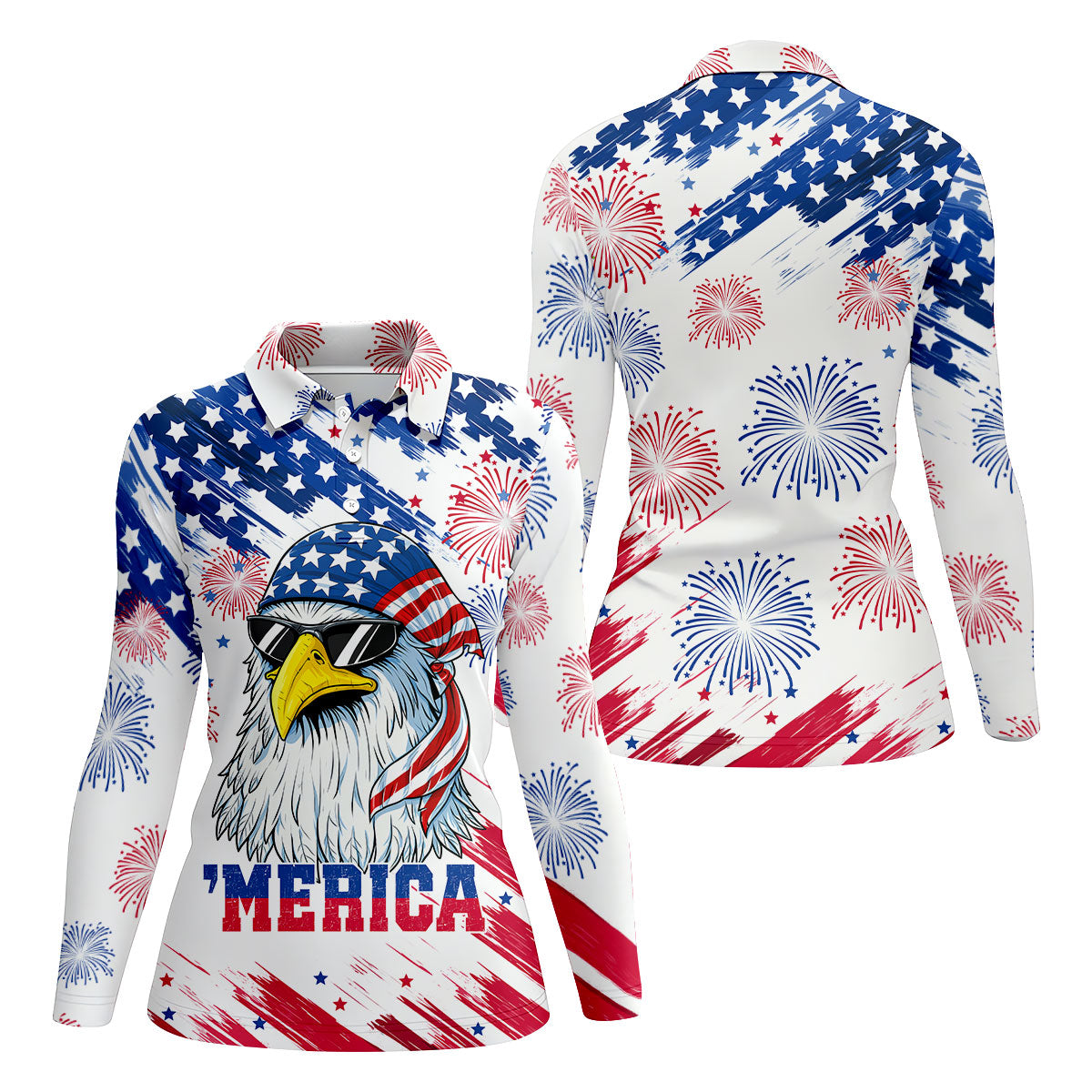 Cool Bald Eagle 4th Of July American Flag Pattern 4th Of July Women Golf Top, 250th Anniversary Patriotic Golf Shirt