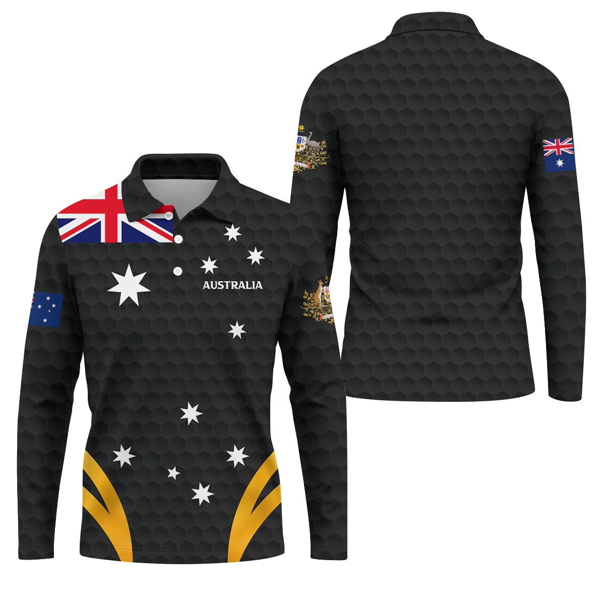 Australia Flag Print Golf Ball Pattern Black Golf Shirt, Australian Symbol Polo Shirts For Men