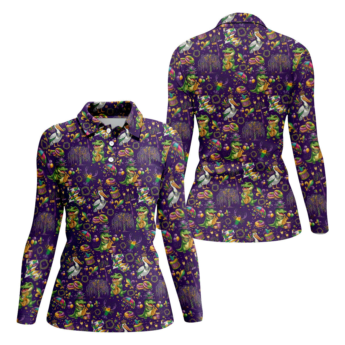 Mardi Gras Fleur De Lis Animal Band Purple Golf Shirt, Women's Golf Shirts, Ladies Golf Polos