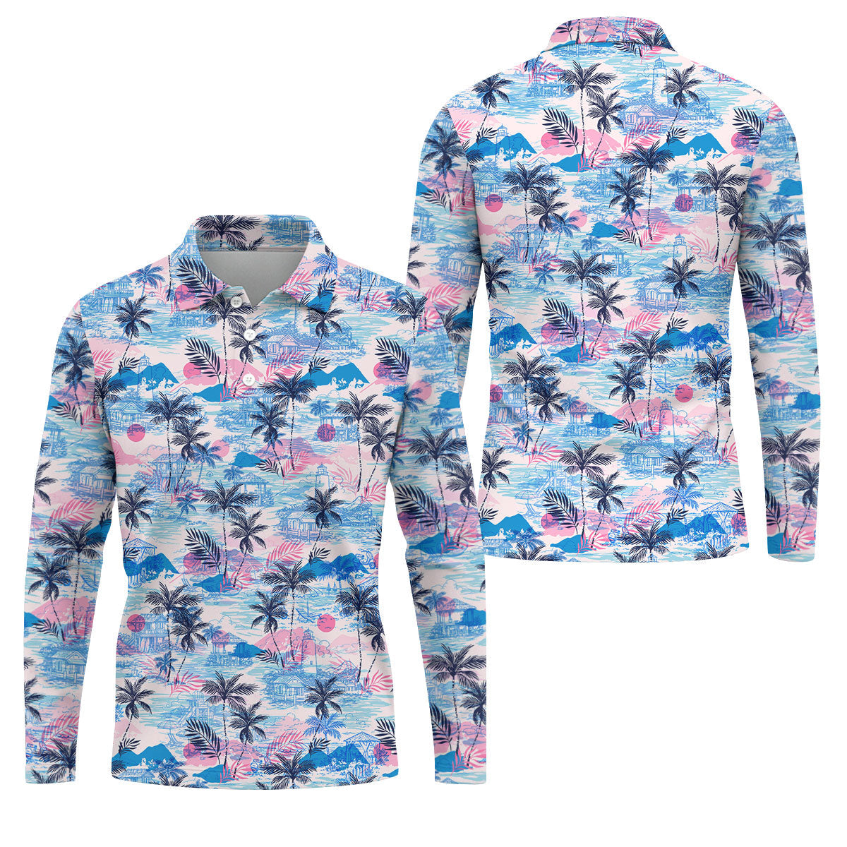 Tropical Island Sunset Pink And Blue Hawaiian Golf Shirt, Polo Shirts For Men, Golfing Apparel