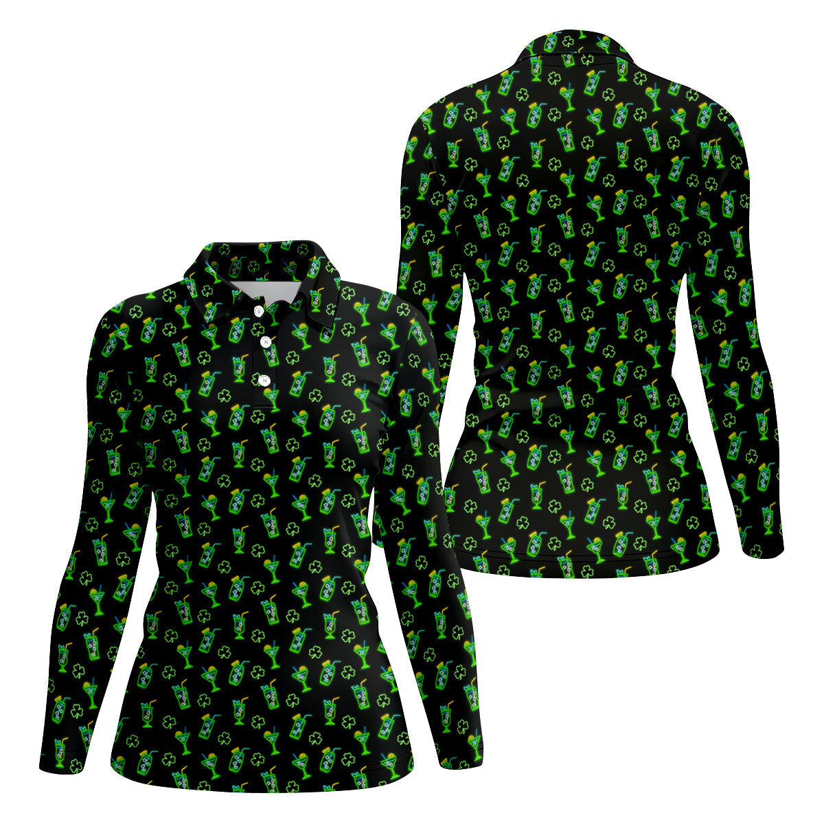 Neon Green Cocktails Three Leaf Clover St Patrick's Day Golf Shirt, Women's Golf Tops, Ladies Golf Shirts