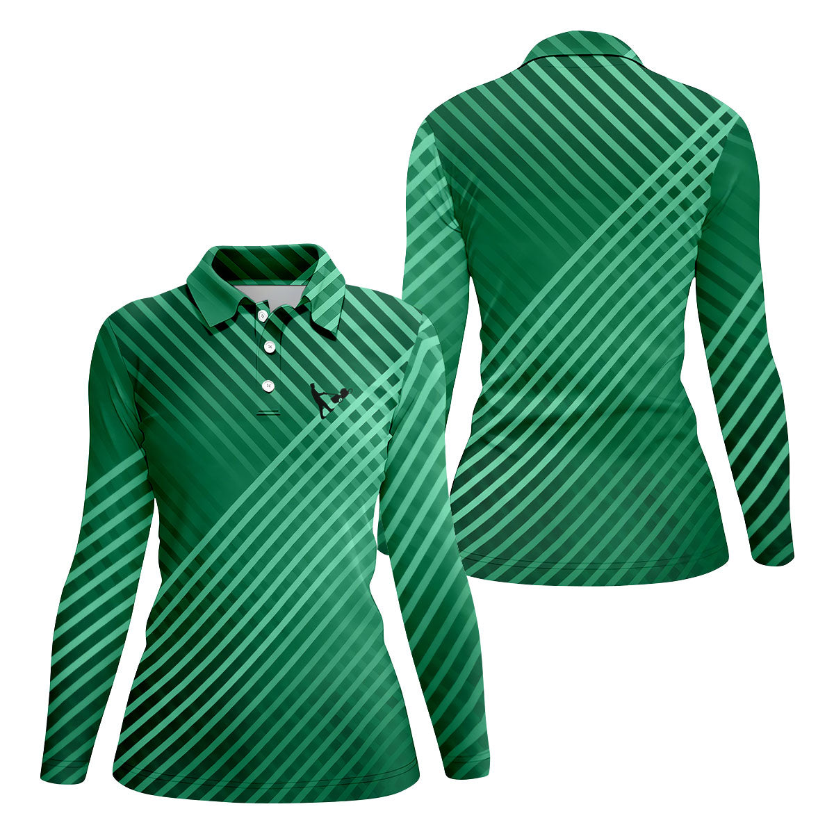 Green And White Striped Pattern Women's Golf Tops, Performance Golf Shirt, Ladies Golf Shirts
