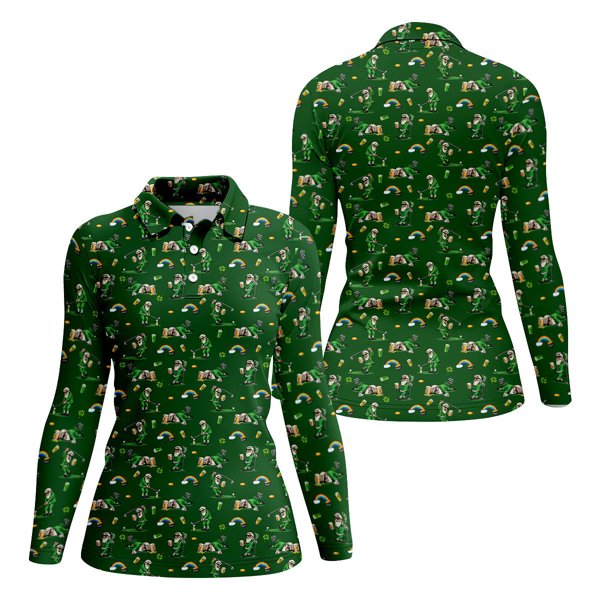 St Patrick's Day Leprechaun Character Golf And Beer Green Golf Shirt, Fun Women's Golf Shirts, Ladies Golf Polos