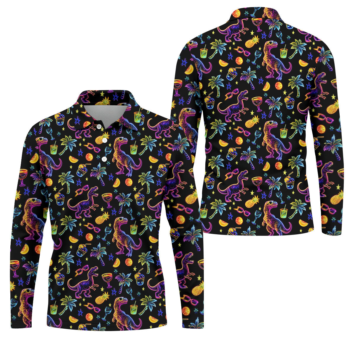 Neon Dinosaur Tropical Theme Hawaiian Golf Shirt, Polo Shirts For Men, Golfing Apparel