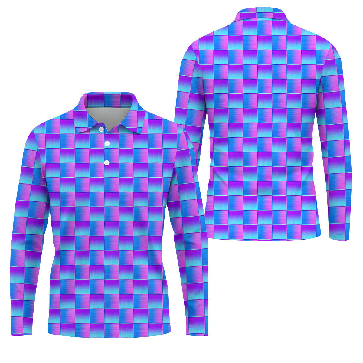 Purple Blue Gradient Checkered Pattern Golf Shirt, Mens Golf Polo, Printed Golf Shirts, Golf Polo Shirts For Men