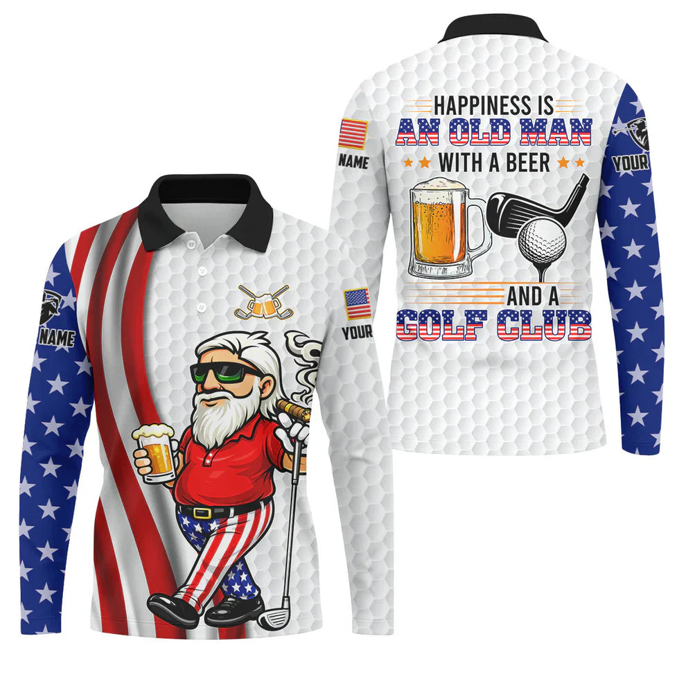 Happiness Is An Old Man With A Beer Funny 4th Of July White Golf Shirt, 250th Anniversary Golf Shirts For Men