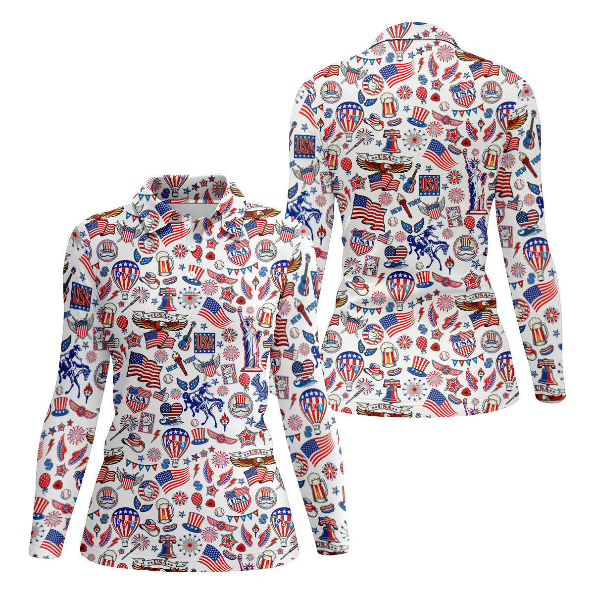 250 Celebration US Flag Pattern Ladies Golf Tops, Patriotic 4th Of July Golf Shirt For Women