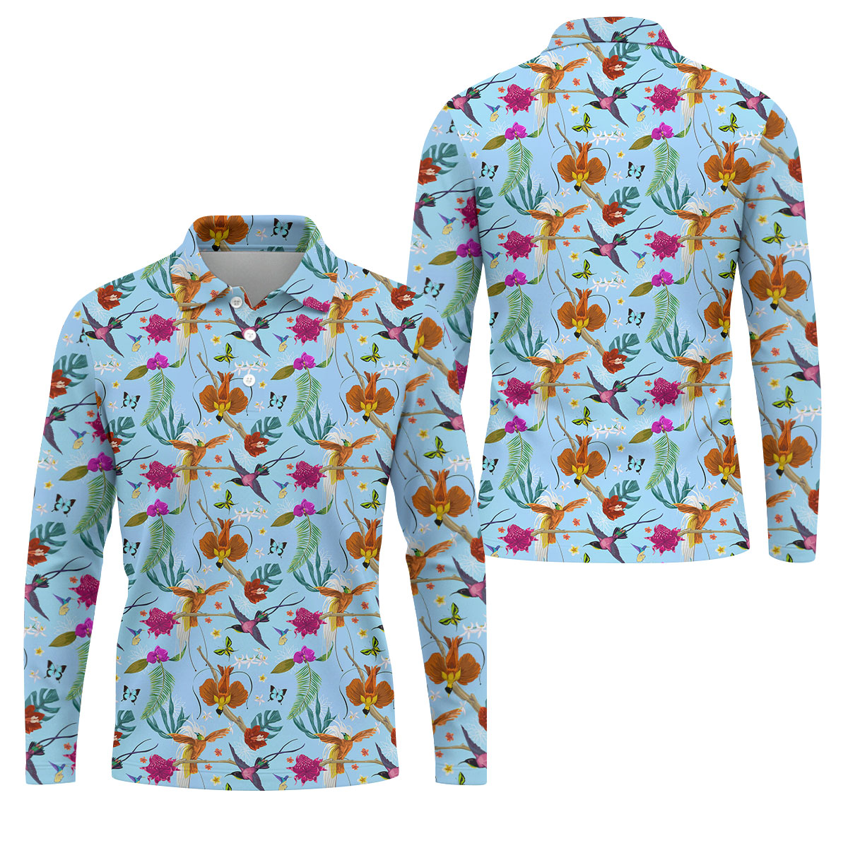 Hummingbird Paradise Golf Shirt, Tropical Flower Garden Pattern, Golf Shirt For Men
