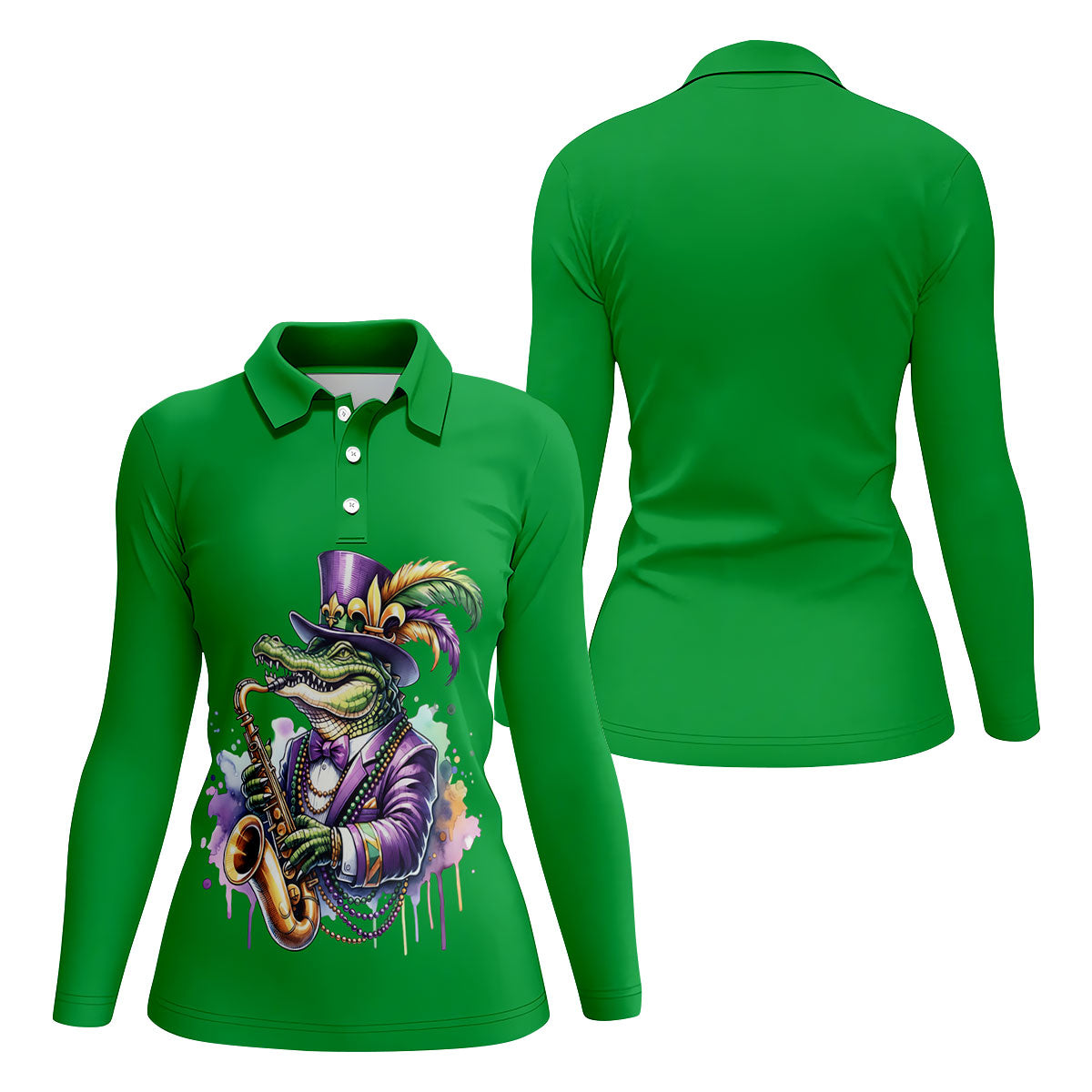 Mardi Gras Alligator Playing Saxophone Green Golf Shirt, Women's Golf Tops, Ladies Golf Shirt