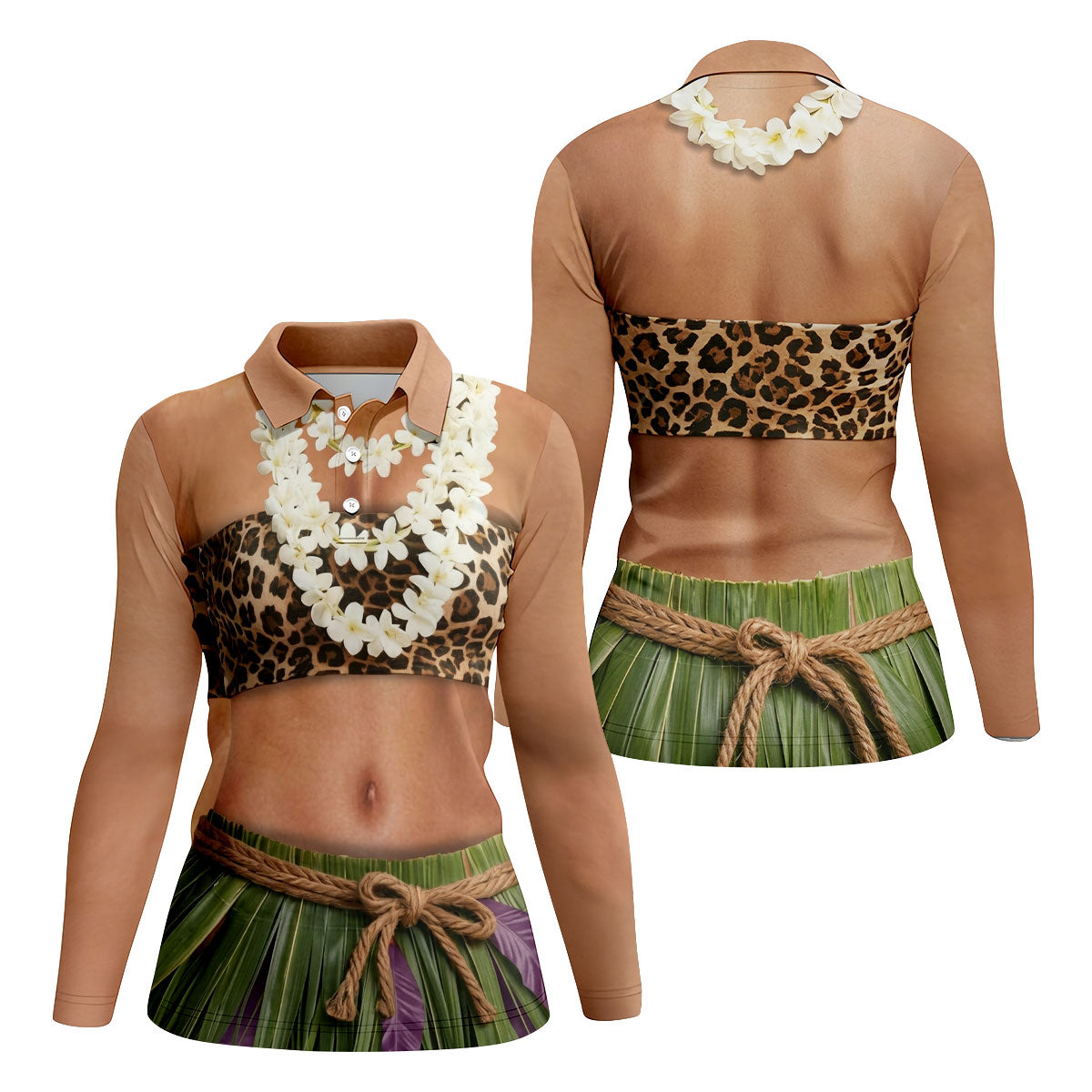 Floral Lei Tropical Theme Party Leopard Print Hawaiian Golf Shirt, Golf Shirt For Women