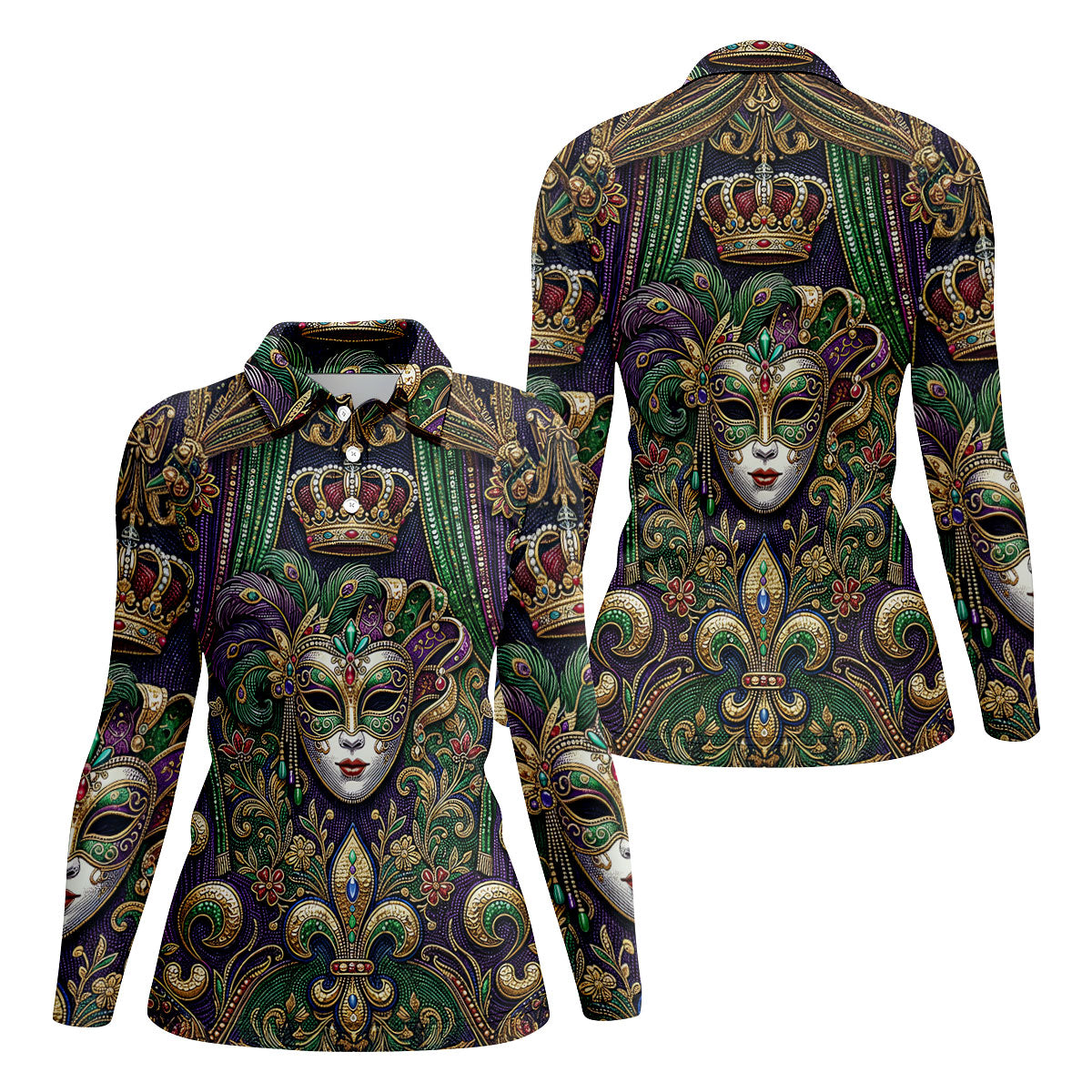 Fleur De Lis Floral Crown Mardi Gras Mask Print Women's Golf Tops, Ladies Golf Shirts, Ladies Golf Polos