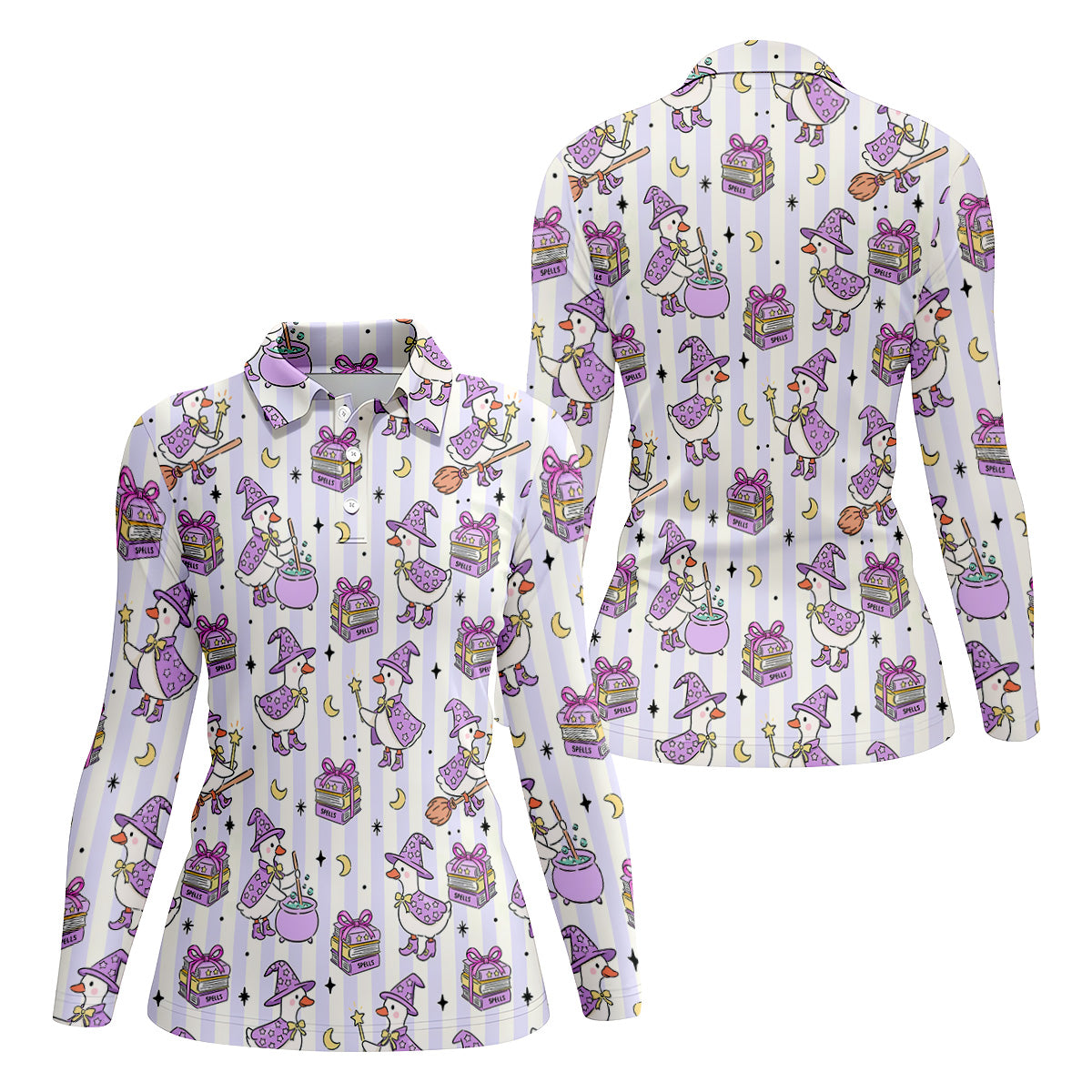 Halloween Witch Goose Purple Pastel Fun Women's Golf Shirts, Cute Golf Outfit, Ladies Golf Polos