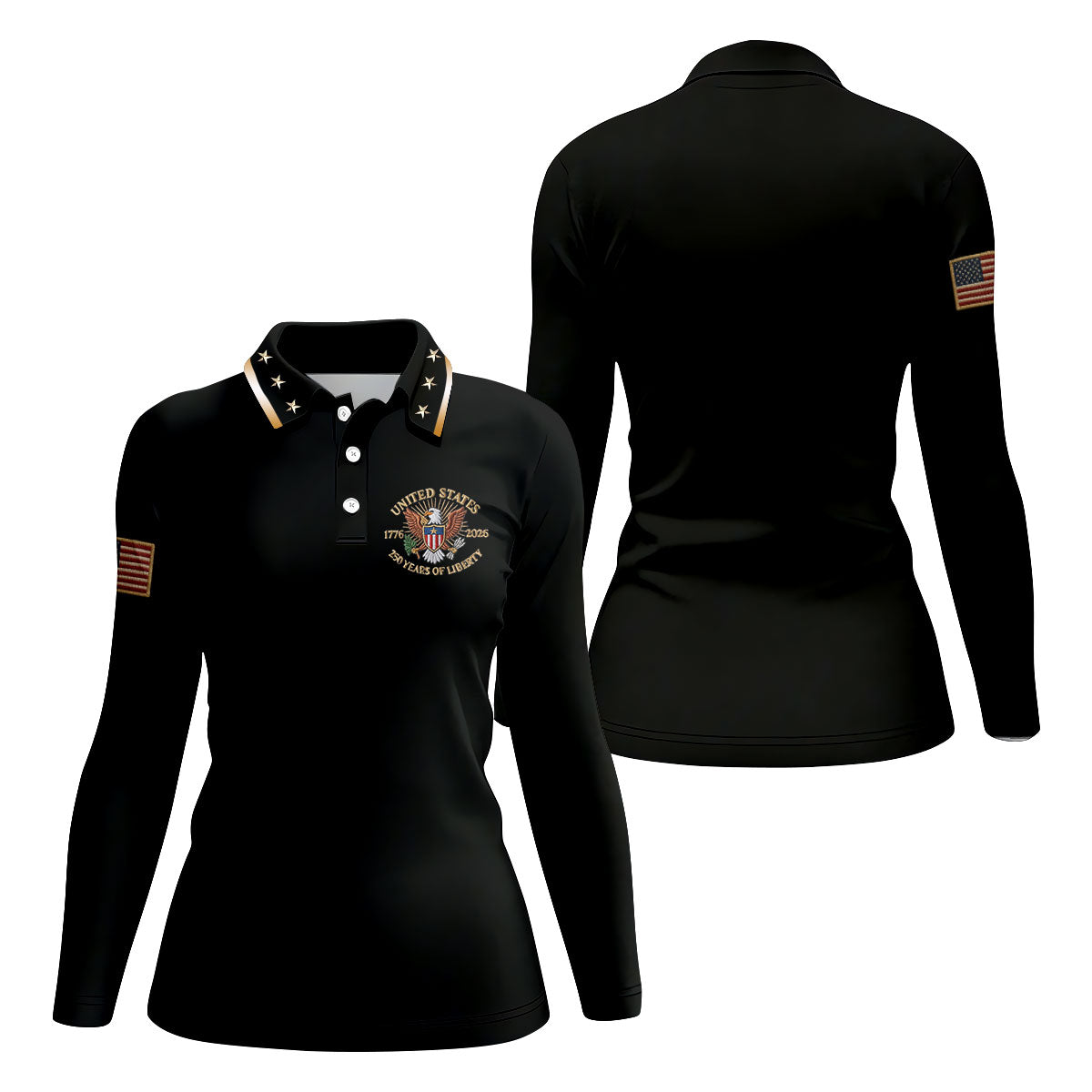 US 1776-2026 250 Years Of Liberty Black Patriotic Golf Shirt, 4th Of July Golf Shirt For Women