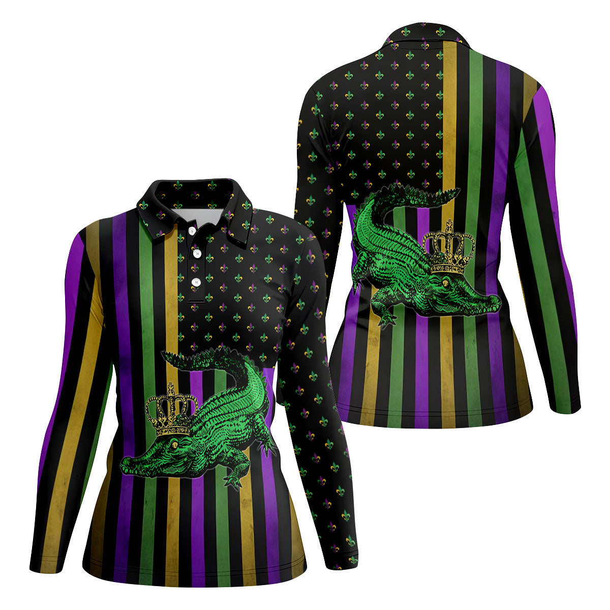 Mardi Gras Aligator Purple Green Gold Vertical Stripes Fleur De Lis Women's Golf Tops, Ladies Golf Shirt