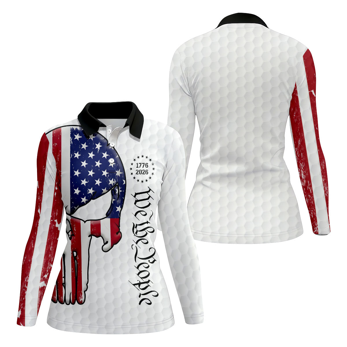 We The People 250 Celebration US Flag Pattern Skull Golf Shirt, Patriotic 4th Of July Golf Shirt For Women