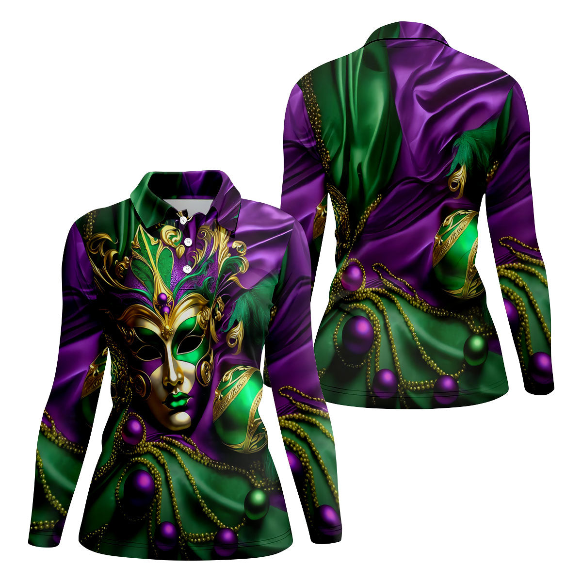 Mardi Gras Face Mask Purple Green Gold Women's Golf Tops, Ladies Golf Polos, Women's Polo Shirt