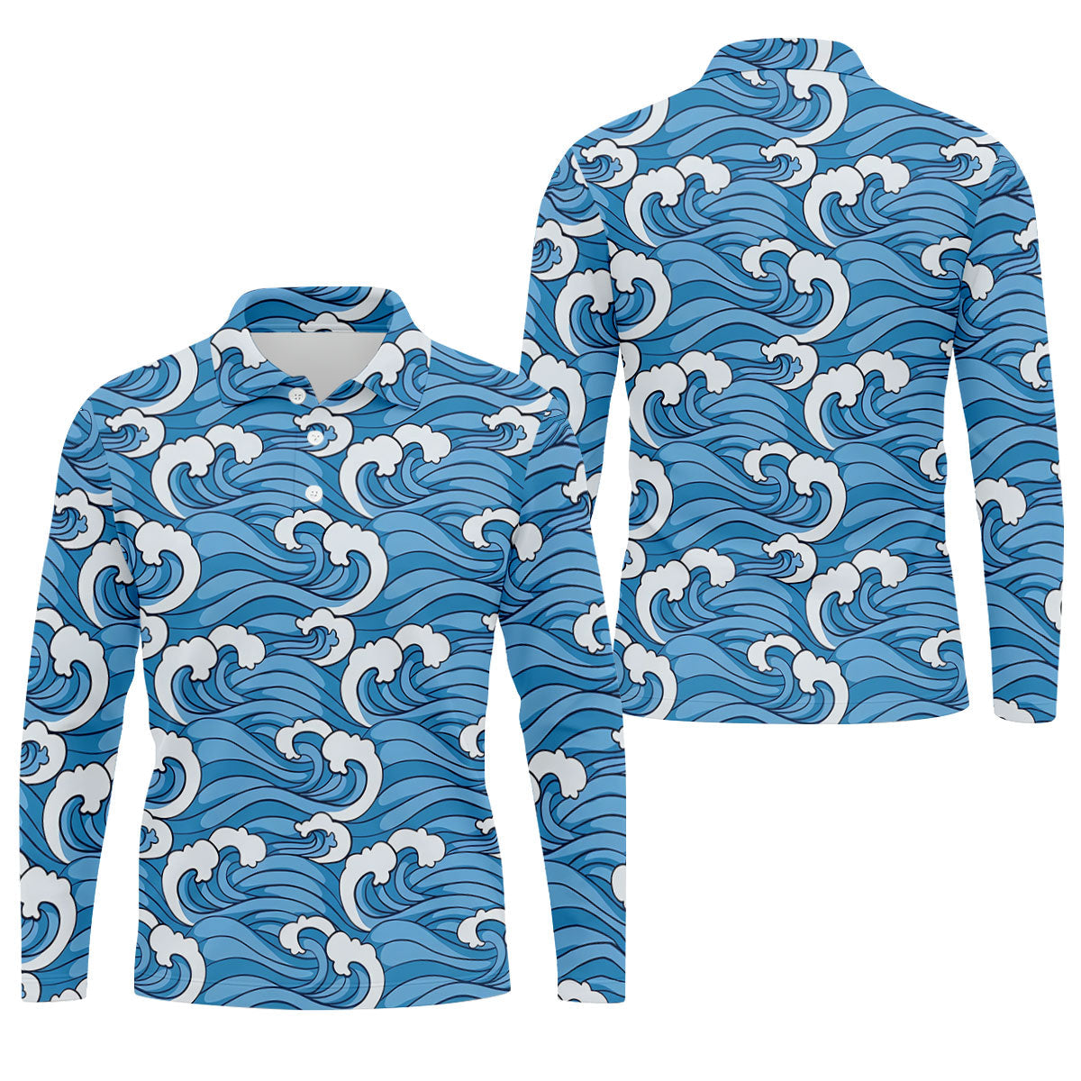 Japanese Wave Golf Shirt, Ocean Wave Pattern Men's Golf Polo, Polo Shirts For Men