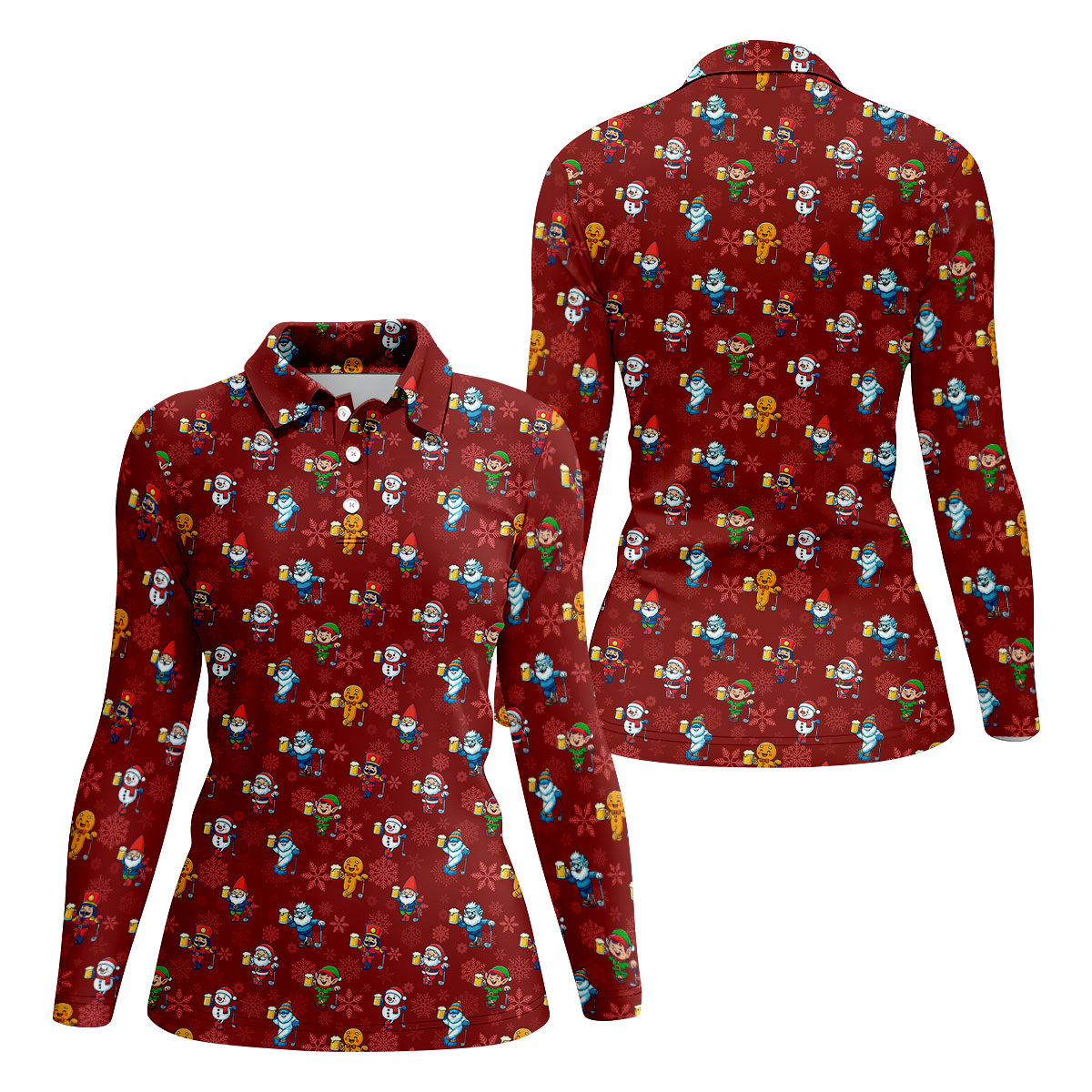 Christmas Characters Golf And Beer Red Women's Funny Golf Shirts, Christmas Golf Shirt, Polo ShirtFor Women