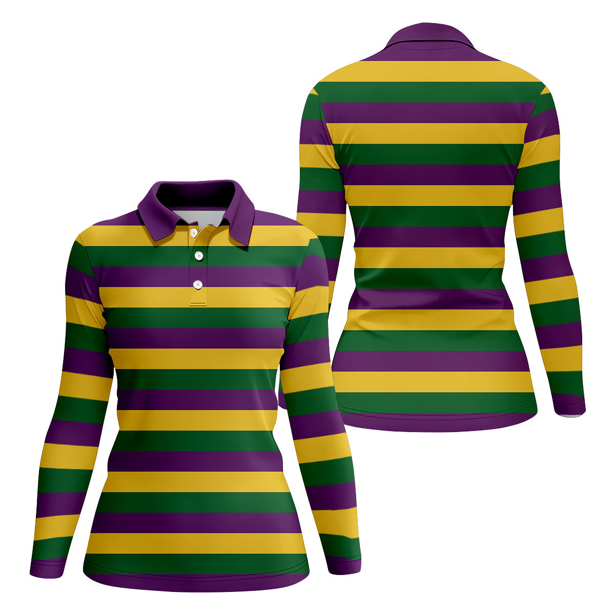 Gold Purple Green Mardi Gras Stripe Pattern Women Golf Top, Festive Ladies Golf Tops, Ladies Golf Shirts