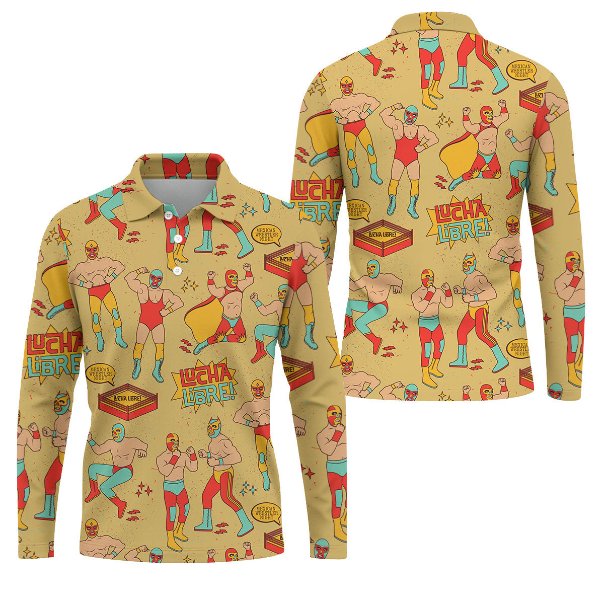 Yellow Lucha Libre Mexican Wrestler Pattern Golf Shirt, Hawaiian Golf Shirt, Mens Golf Shirts