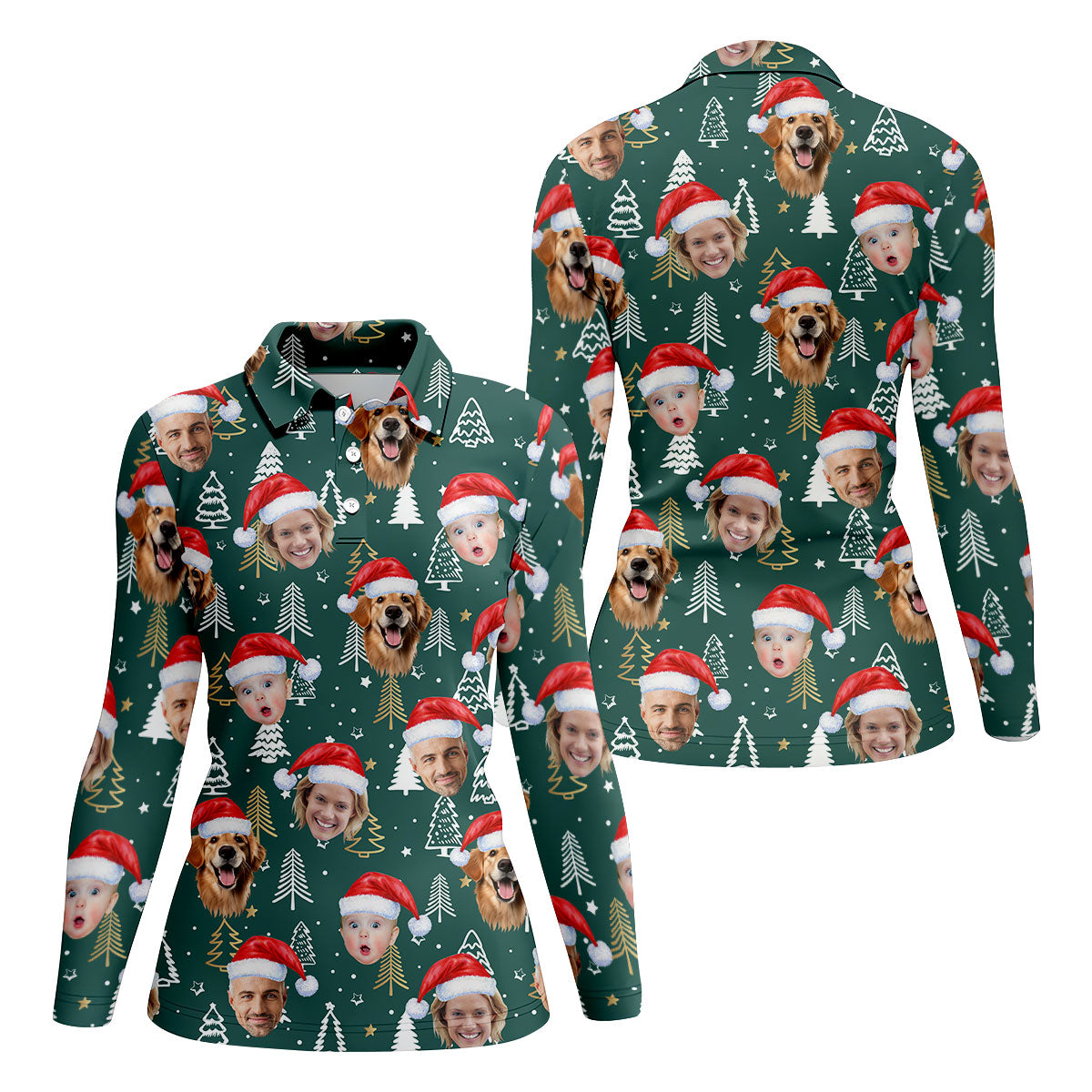 Custom Face Pine Tree Pattern Dark Green Christmas Golf Shirt, Ladies Golf Shirts, Golf Gifts For Women