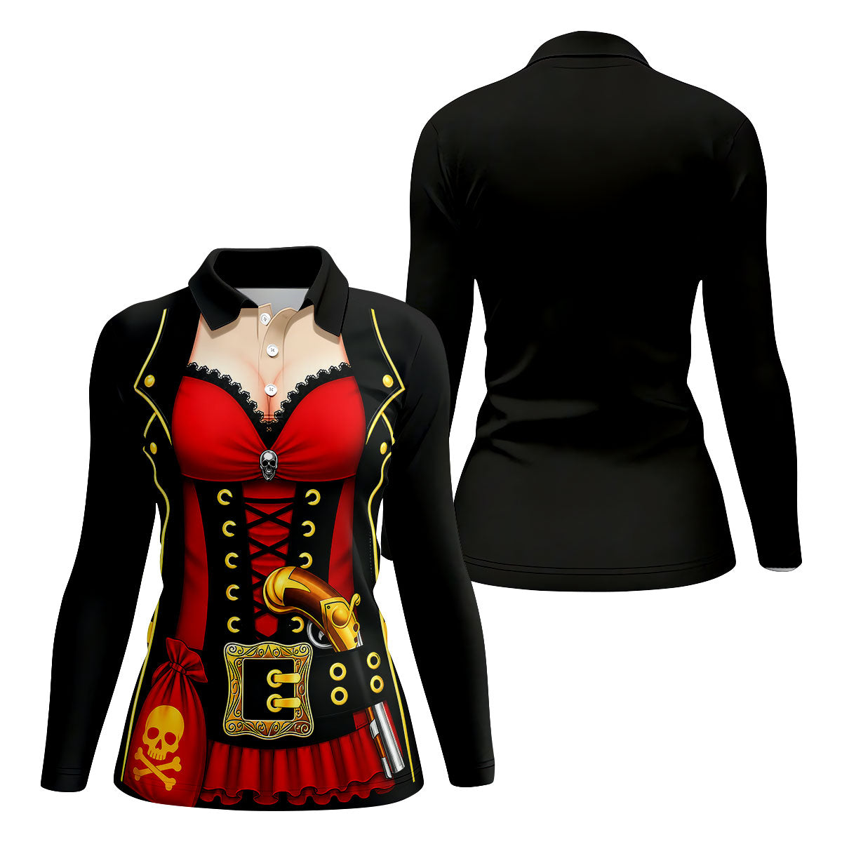 Red Corset Pirate Costume Skull Belt Golf Shirt, Women’s Golf Polo, Ladies Golf Tops, Printed Golf Shirt