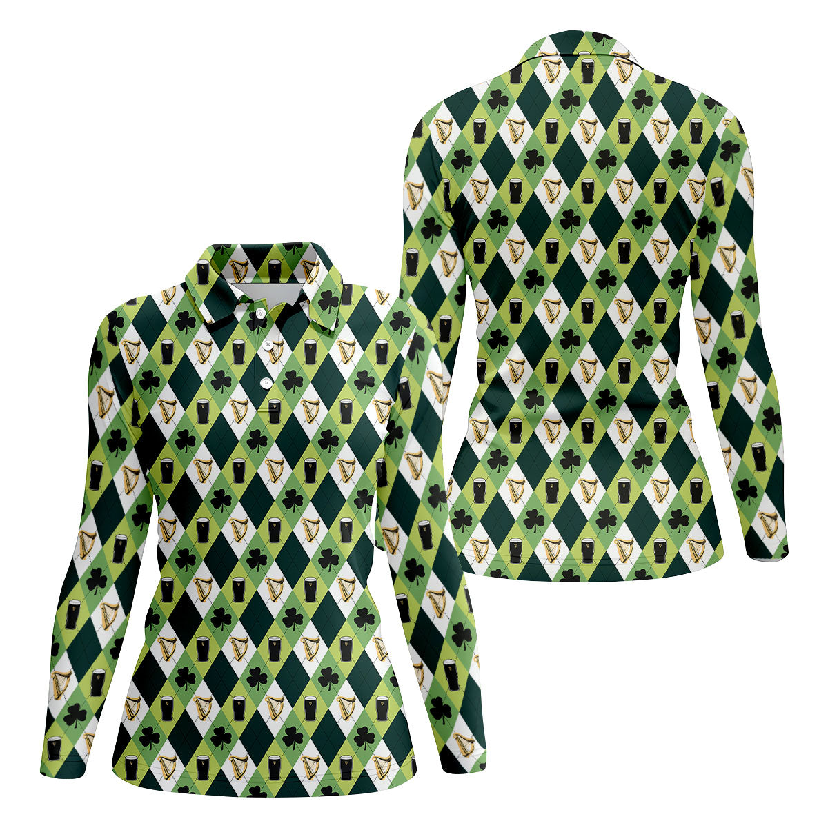 Green And White Argyle Pattern St Patrick's Day Golf Shirt, Women's Golf Shirts, Ladies Golf Polos