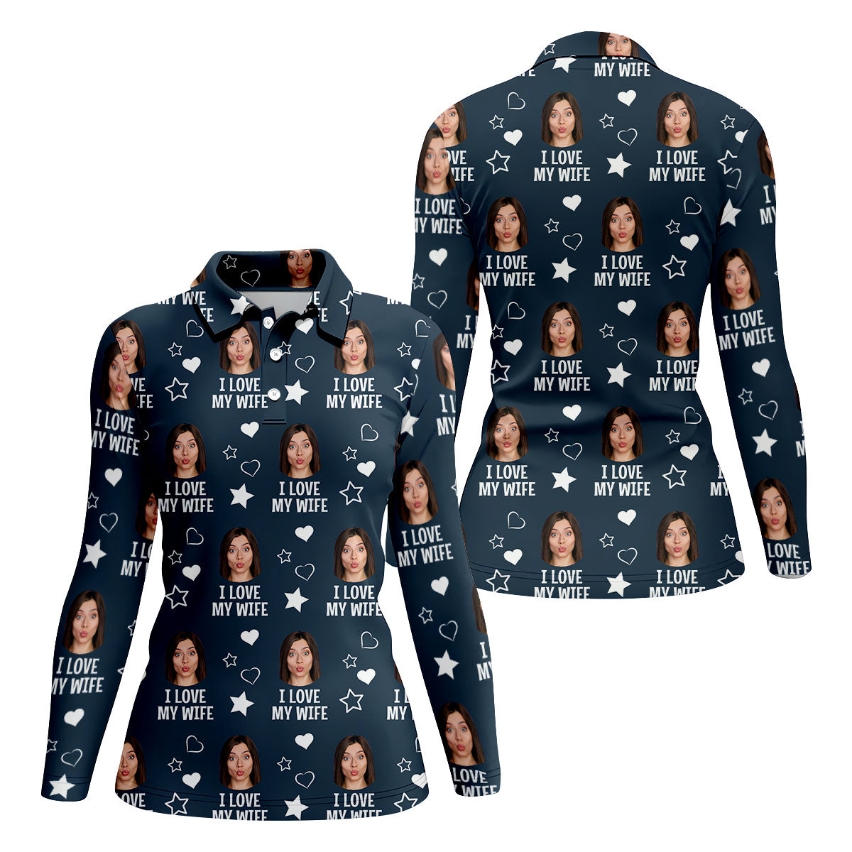 I Love My Husband Custom Face Navy Golf Shirt, Fun Women's Golf Shirts, Valentines Golf Gift, Ladies Golf Shirts