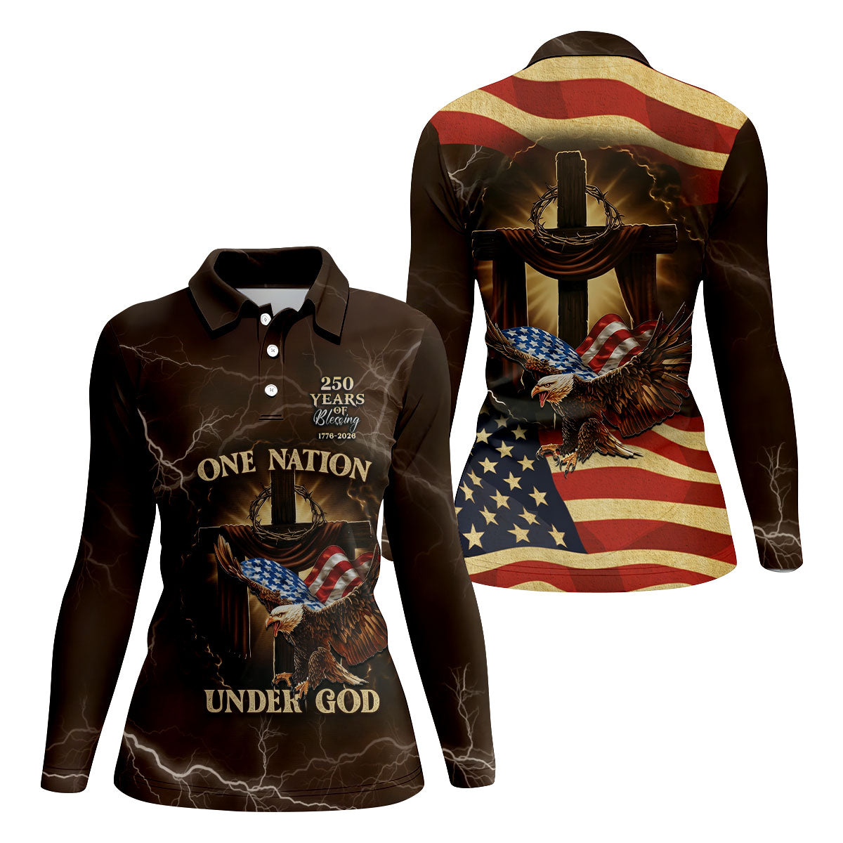 One Nation Under God 250 Years Faith Cross Patriotic Golf Shirt, 4th Of July Women's Golf Tops