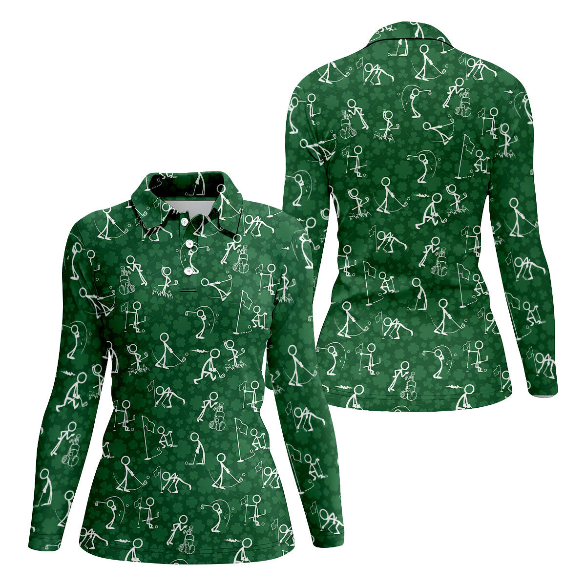 Stick Figure Golf Pose Shamrock Golf Shirt, St Patrick's Day Ladies Golf Polos, Golf Shirt For Women